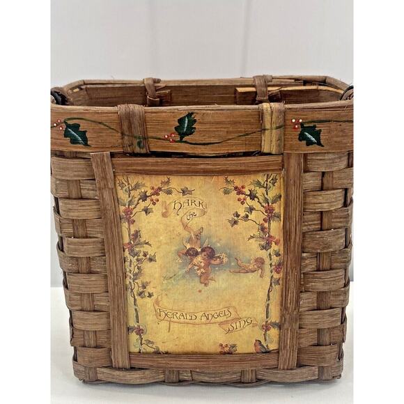 CHRISTMAS Herald Angels Sing Deep Woven Wicker HOLIDAY BASKET w/ Handle - Picture 2 of 12